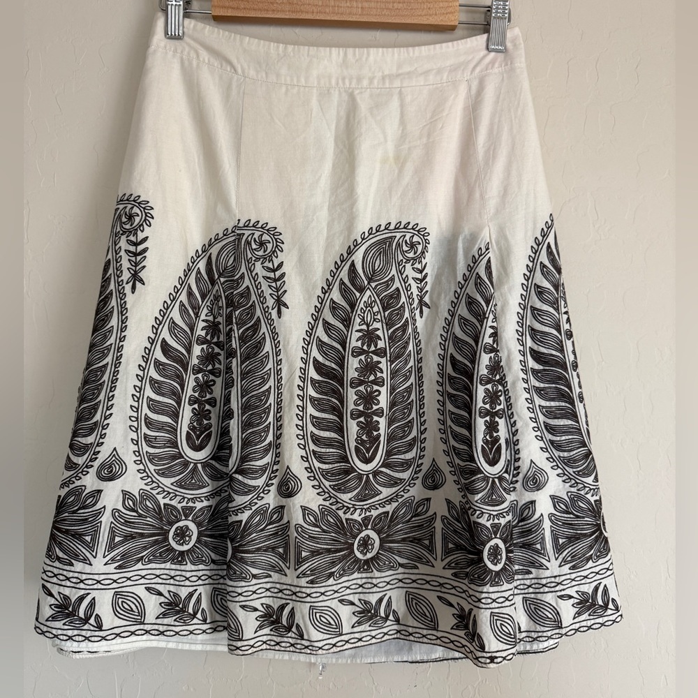 Ann Taylor Embroidered Y2K Cotton A Line Skirt Cream Brown Neutral Women Size 8
